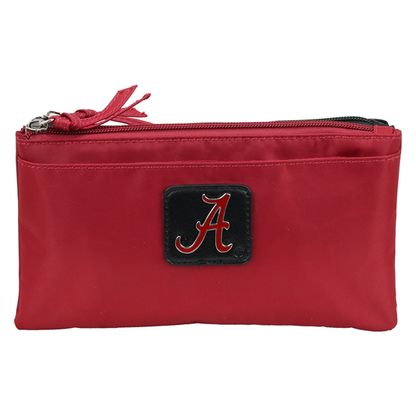 Phoebe Wallet 9182 ALABAMA with a black patch featuring a white letter 'a' in a cursive font, closed with a zip and a tassel on the side.