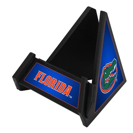 Florida Gators Pyramid Phone & Tablet Stand with university of florida logo, featuring an alligator graphic and "florida" text, on a white background.