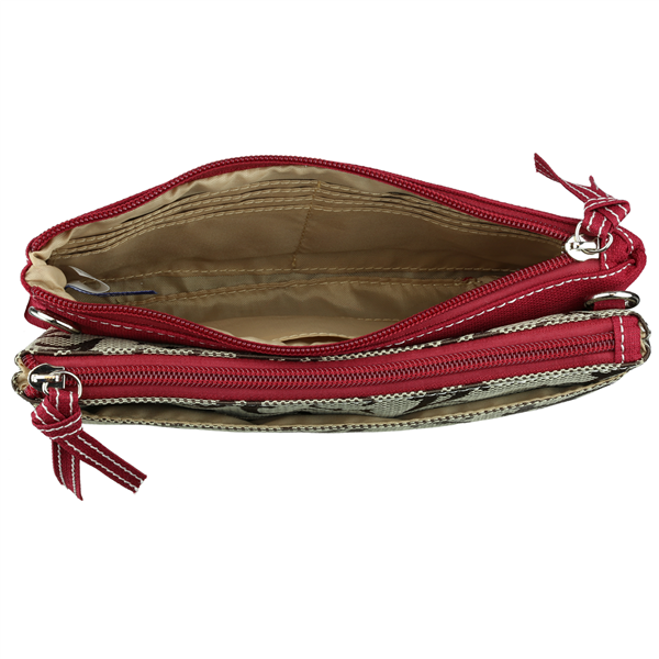 Open Shane Crossbody Wristlet 8182 ALABAMA with multiple compartments and zippers, isolated on a white background.