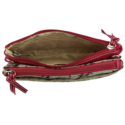 Open Shane Crossbody Wristlet 8182 ALABAMA with multiple compartments and zippers, isolated on a white background.