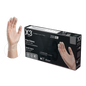 A box of x3 brand poly gloves with an image demonstrating the glove worn on a hand, isolated on a white background.