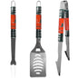 Three-piece Miami Hurricanes 3 pc Tailgater BBQ Set with green and silver handles, featuring a spatula, fork, and tongs, each with an orange logo.