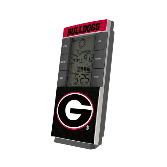Digital scoreboard showing a sports score with Georgia Bulldogs SOLID WORDMARK BLUETOOTH SPEAKER and a "g" logo on a grey background.