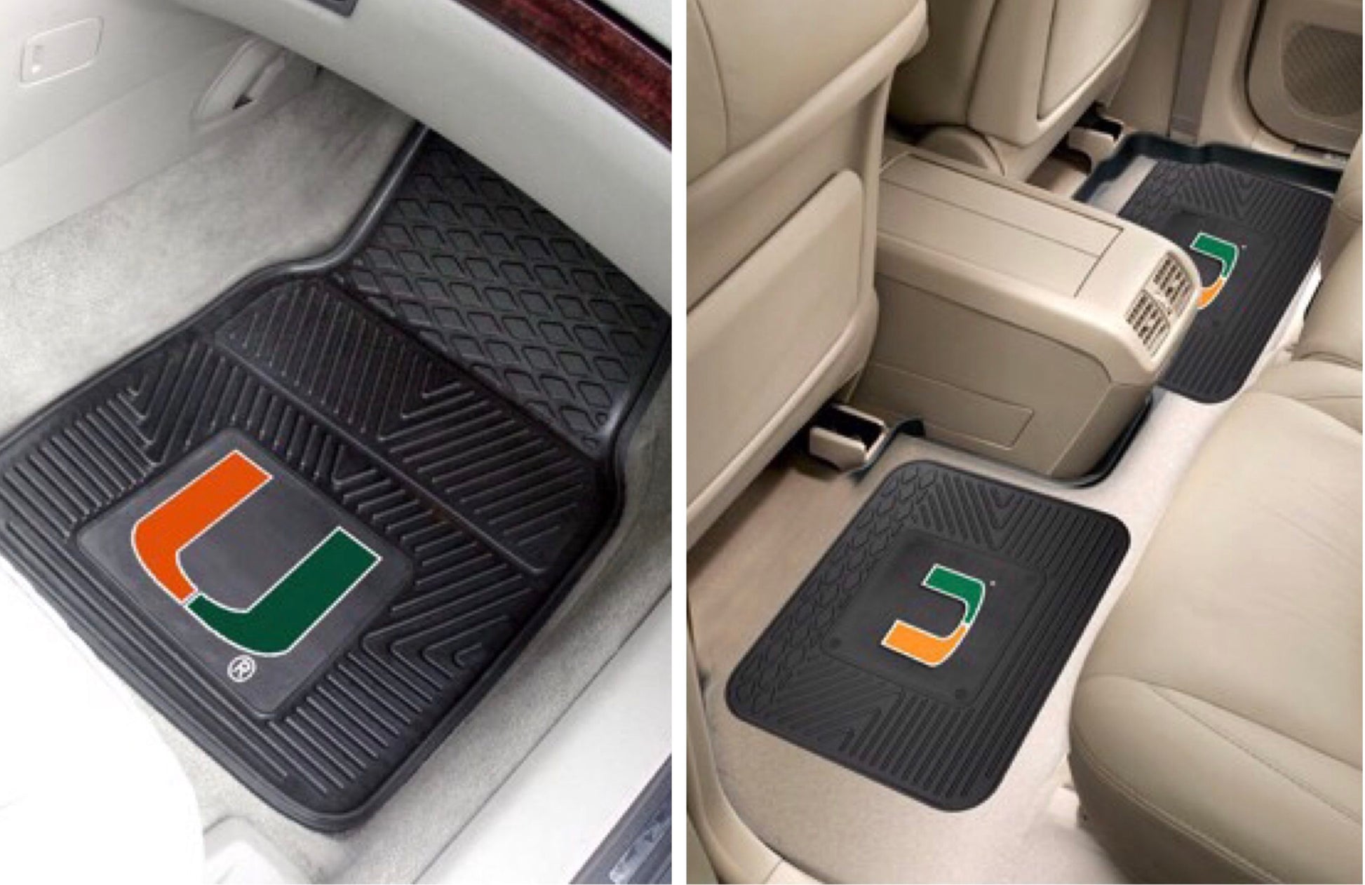 Two images showing Miami Hurricanes 4PC Vinyl Car Mats with the university of miami logo, one in the driver's side and the other in the rear seat area.