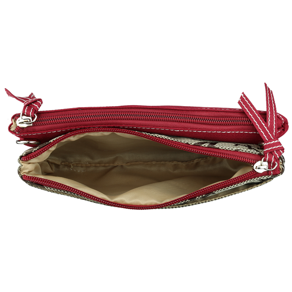 Open Shane Crossbody Wristlet 8182 ALABAMA with multiple zippers displaying various compartments and light beige interior lining.