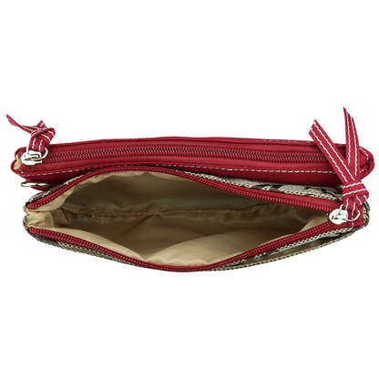 Open Shane Crossbody Wristlet 8182 ALABAMA with multiple zippers displaying various compartments and light beige interior lining.