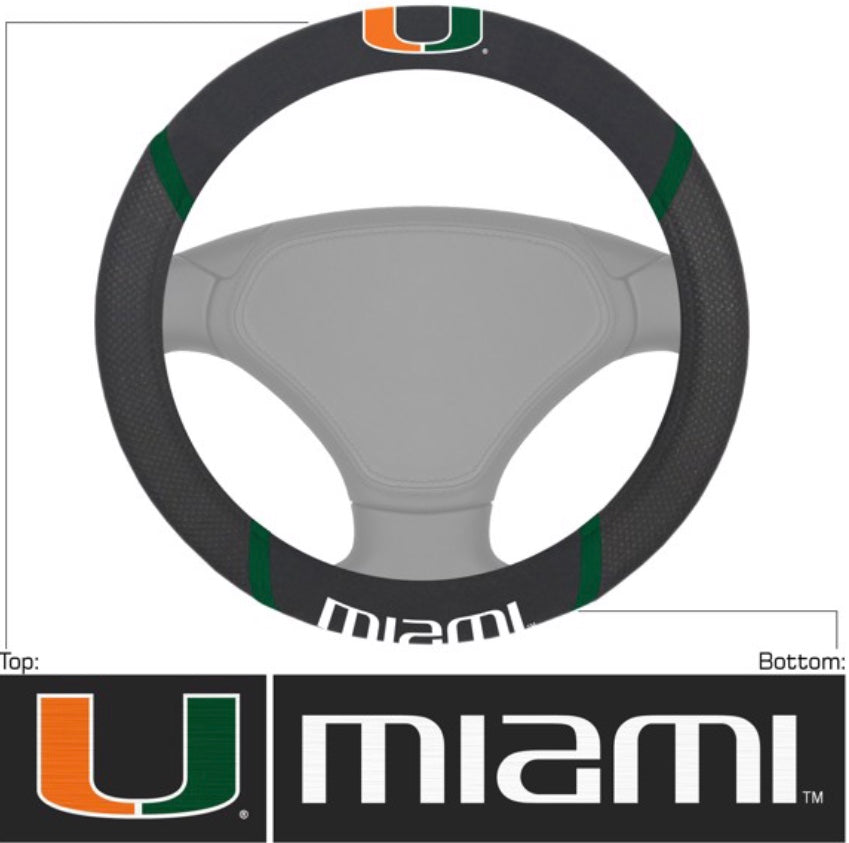 Miami Hurricanes Steering Wheel Cover featuring the university of miami logo with orange and green accents on a gray background.