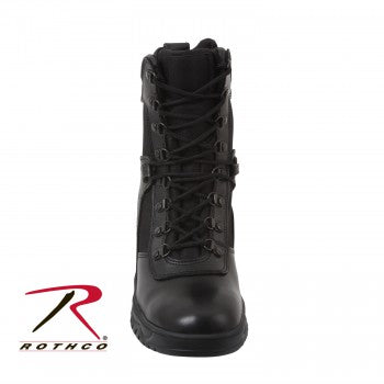 Rothco Forced Entry 8" Tactical Boot With Side Zipper with laced front, viewed from the side, on a white background. Rothco logo visible in the corner.