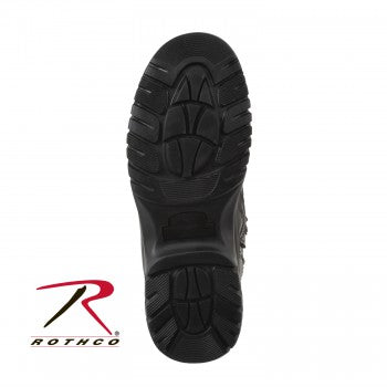 Bottom view of a black Rothco Forced Entry 8" Tactical Boot With Side Zipper displaying the tread design and sole pattern, with the rothco logo visible in the lower right corner.