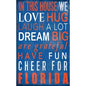 Decorative vertical University of Florida In This House sign with text "in this house we love hug laugh a lot dream big are grateful have fun cheer for florida" in white on a blue background.