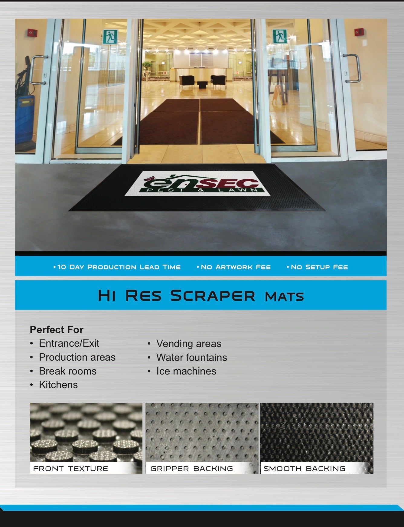 Glass double doors open into a well-lit office lobby with a Hi Res Logo Scraper Mat; additional images show mat details and textures.