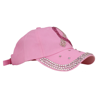 Pink Breast Cancer Ribbon hat adorned with rhinestones and a sequined detail on the brim.
