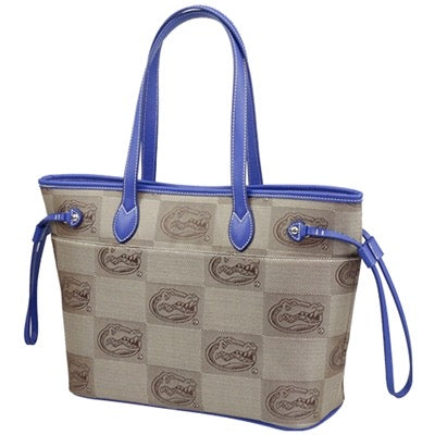 The Safari Handbag (Florida Gators) with patterned design, featuring blue handles and trim, displayed against a white background.