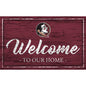 Rectangular welcome sign featuring "welcome to our home" in white cursive on a burgundy background, with a florida state university seminoles logo on the left.
