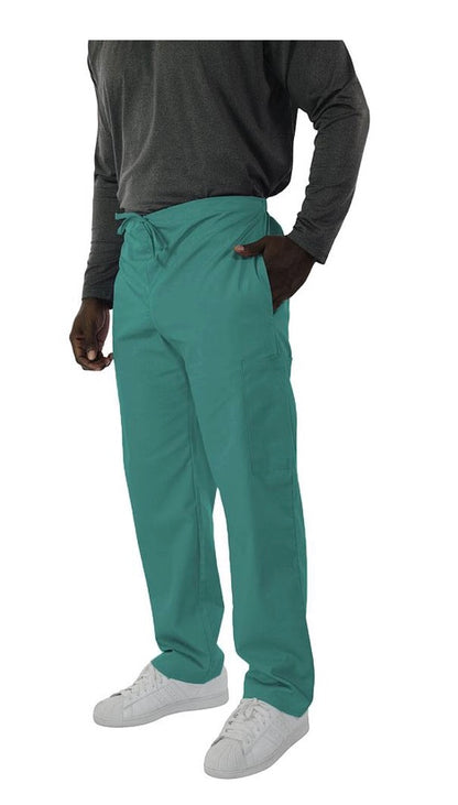 A person wearing a gray sweatshirt and UltraSoft Unisex Cargo 6-Pocket Pants 313C scrub pants with a hand in one pocket, standing against a white background.