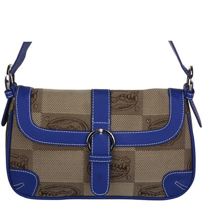 The Darling Handbag (Florida Gators) featuring a beige patterned design with prominent blue accents and a central buckle.