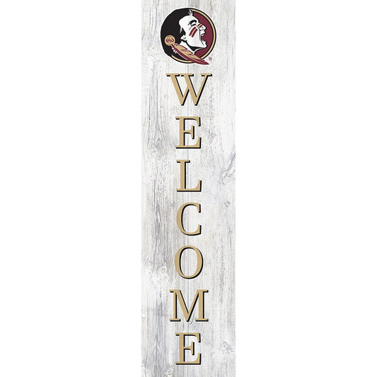 Vertical "welcome" sign on a rustic wood background with the florida state university logo at the top.