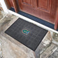 A Florida Gators Vinyl Door Mat featuring the florida gators logo, placed at the entrance of a house with a brown door and stone flooring.