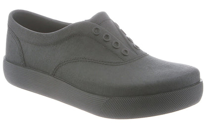 A single black canvas sneaker with a rubber sole and no visible laces, displayed against a white background.