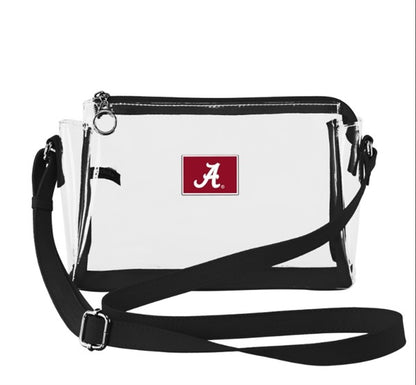 Small clear handbag 4156 Alabama featuring a black strap and trim with a red and white "a" logo on the front.