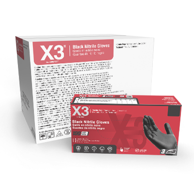 Two boxes of X3 Black Nitrile PF Ind gloves, one large box labeled x3 and a smaller box partially visible, against a plain background.
