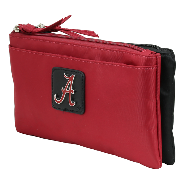 Red and black Phoebe Wallet 9182 ALABAMA pouch with a metal zipper and a black patch featuring the letter "a" on the front.