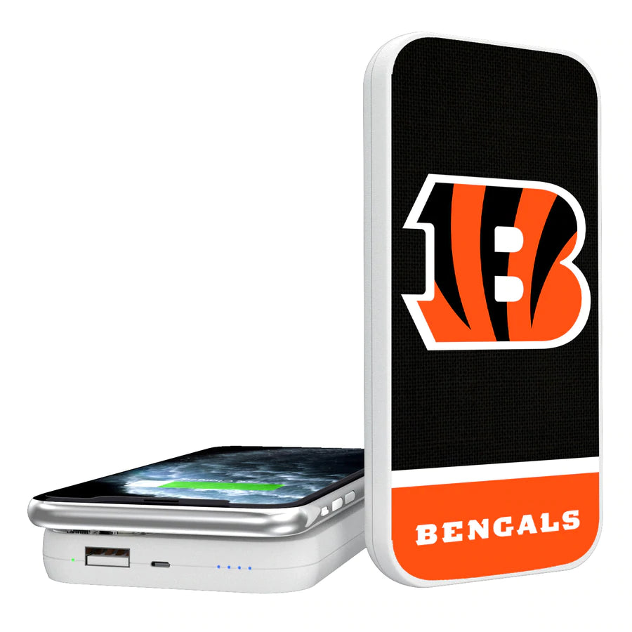 A smartphone lying beside a vertical Cincinnati Bengals-themed CINCINNATI BENGALS STRIPE WIRELESS MOUSE.