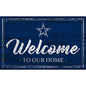 A rectangular sign featuring a dark blue wooden background and the word "welcome" in cursive white letters with "to our home" and a white star above.