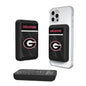 Three views of a Georgia Bulldogs SOLID WORDMARK BLUETOOTH SPEAKER with a transparent case on one side and a "bulldogs" branded black protective case with a red "g" logo on the other two sides.