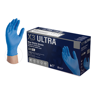 A box of X3 Ultra Blue Nitrile PF Ind Gloves with an image showing a detailed view of the glove's texture.
