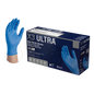 A box of X3 Ultra Blue Nitrile PF Ind Gloves with an image showing a detailed view of the glove's texture.