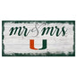 A rectangular sign with a distressed white wood background, displaying "mr & mrs" in black cursive letters, and a large green "u" with an orange outline.