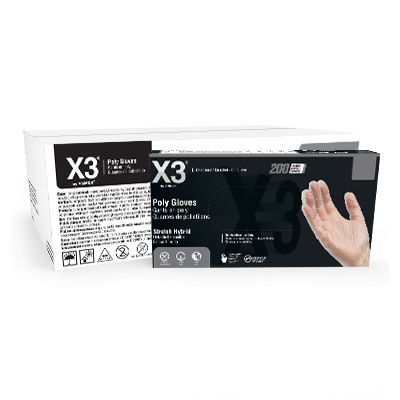Sentence with replaced product name: Box of X3 Stretch Hybrid Poly Disposable Gloves containing 200 disposable pieces, depicted with image and product details on packaging.