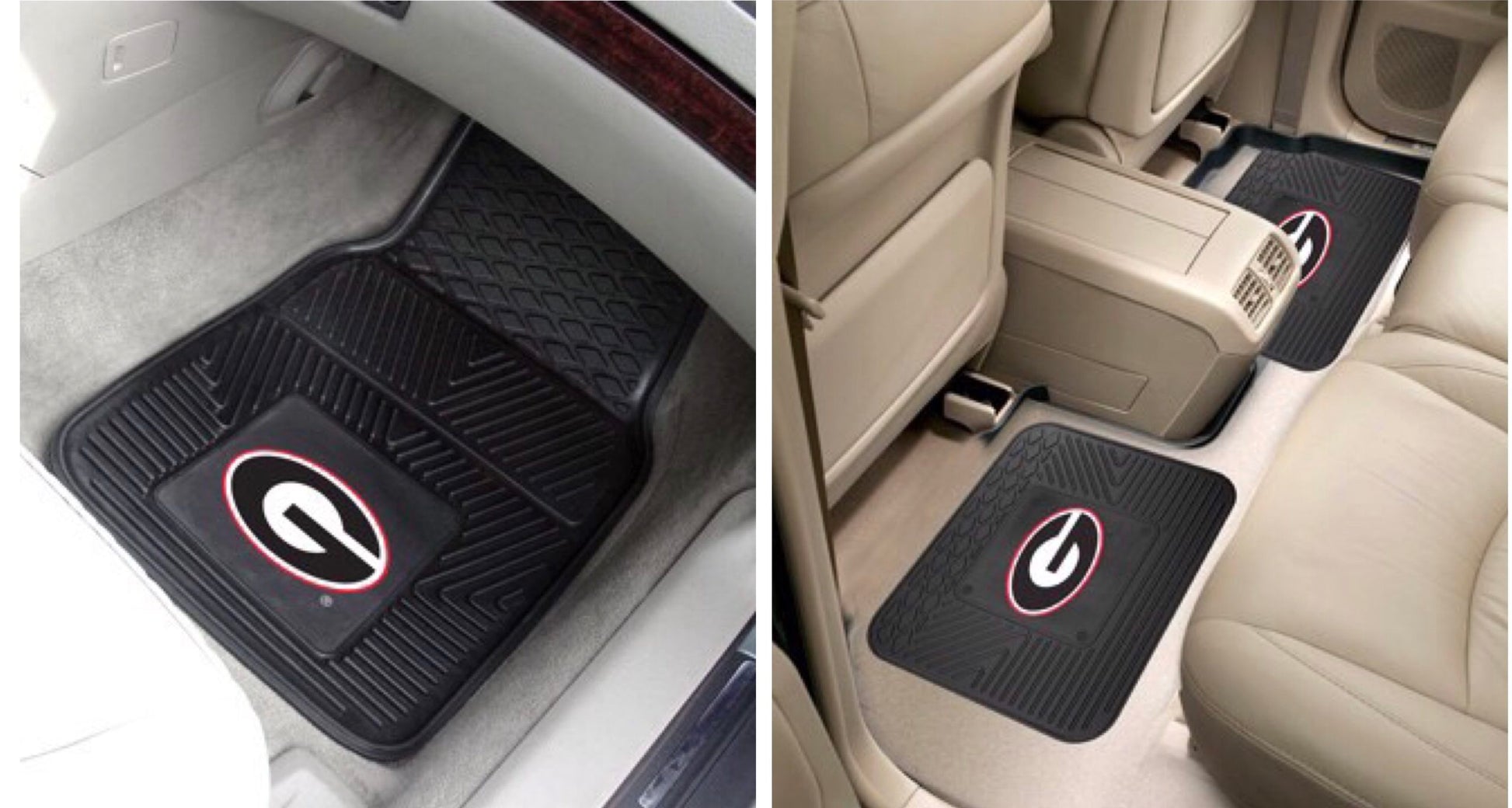 A collage of two images showing Georgia Bulldogs 4-PC Vinyl Car Mats with a circular red logo, positioned in the driver's side of a car with beige interior.