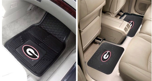 A collage of two images showing Georgia Bulldogs 4-PC Vinyl Car Mats with a circular red logo, positioned in the driver's side of a car with beige interior.