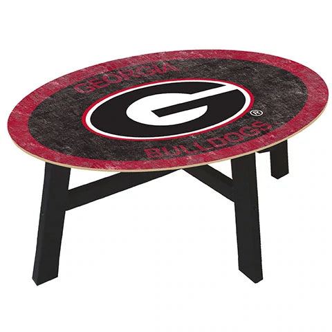 Oval-shaped table featuring the georgia bulldogs logo with a black base and a distressed red and black top design.