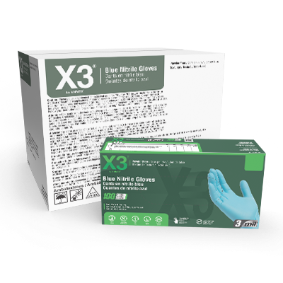 Two boxes of X3 Blue Nitrile Industrial Latex Free Disposable Gloves (Case of 1000), one open displaying the gloves, highlighting the product details and branding.