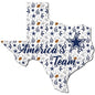 Decorative illustration of texas state outline, adorned with blue and white floral patterns and stars, featuring the phrase "america's team" in bold letters.