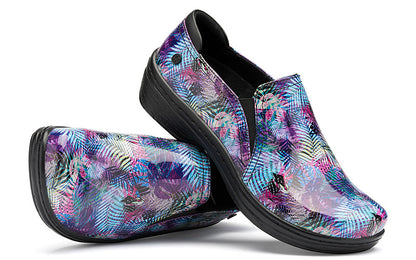 A pair of Moxy by Klogs Footwear clogs with a vibrant tropical-print on a white background.