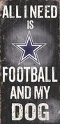 Text on a weathered sign reads "all i need is football and my dog" with a star symbol, evoking a rustic, sporty vibe.