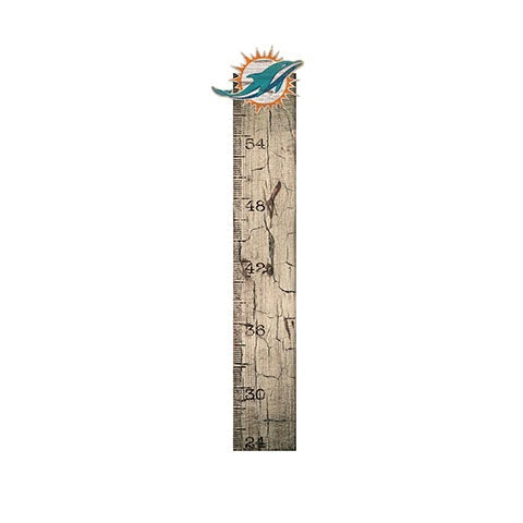 A Miami Dolphins Football and My Dog Sign themed growth chart with team logo at the top, marked in inches on a weathered wood background.