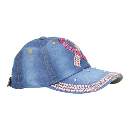 Breast Cancer Ribbon Hat adorned with pink and clear rhinestones on the bill and front, isolated on a white background.