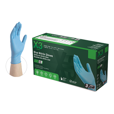 A box of blue nitrile gloves with one glove displayed next to it, indicating a pack size of 100 gloves.