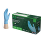 A box of blue nitrile gloves with one glove displayed next to it, indicating a pack size of 100 gloves.