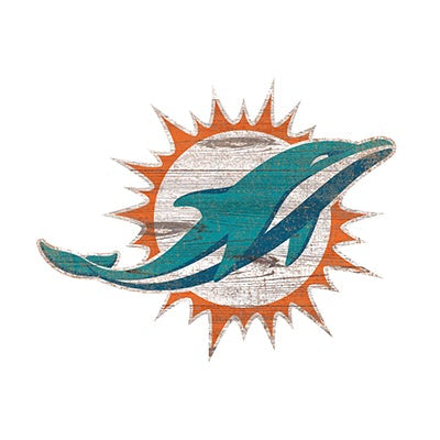 Miami Dolphins Football and My Dog Sign featuring a stylized teal and orange dolphin leaping in front of a sunburst.