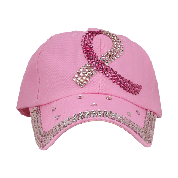 Pink BREAST CANCER RIBBON HAT adorned with a rhinestone ribbon design and additional decorative studs on the brim.