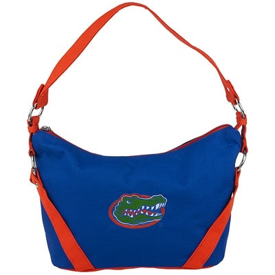 The Bella Handbag (Florida Gators) shoulder bag with a red strap, featuring an embroidered logo of a green and orange alligator on the side.