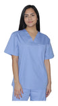 Woman in light blue medical scrubs standing against a white background.