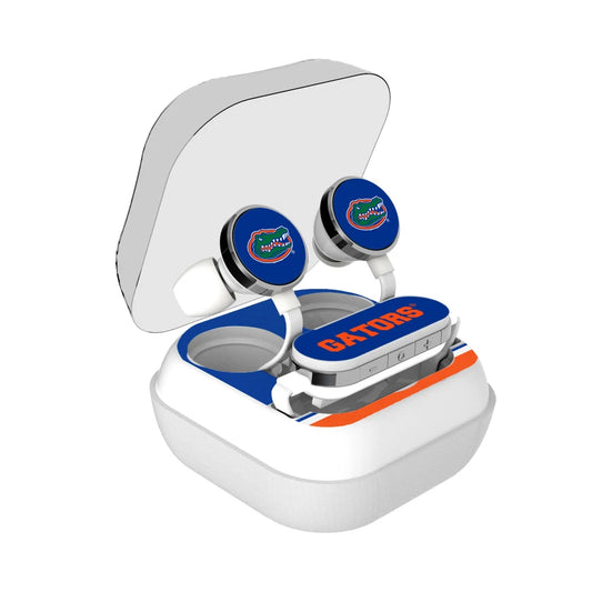 FLORIDA GATORS STRIPE WIRELESS EARBUDS with the university of florida gators logo, displayed in an open white case with a transparent lid.