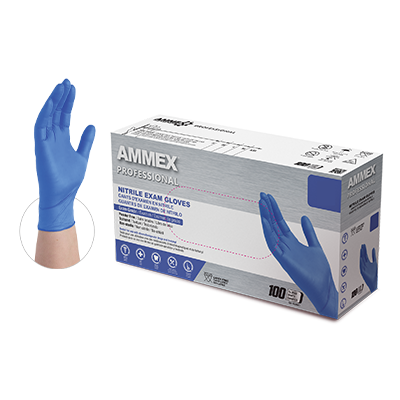 A box of ammex professional nitrile exam gloves next to a single displayed blue glove, indicating the product inside.